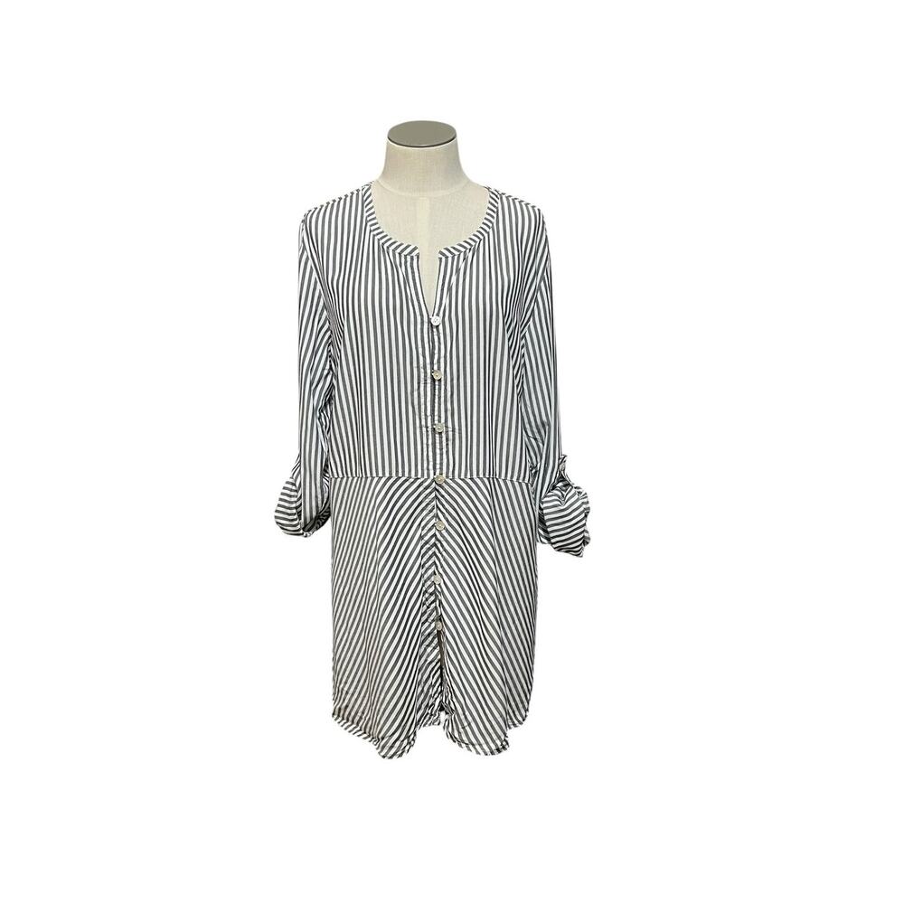 J. Jill Lagenlook Coastal Resort Boho Gray Stripe Button Up Tunic Shirt Sz M